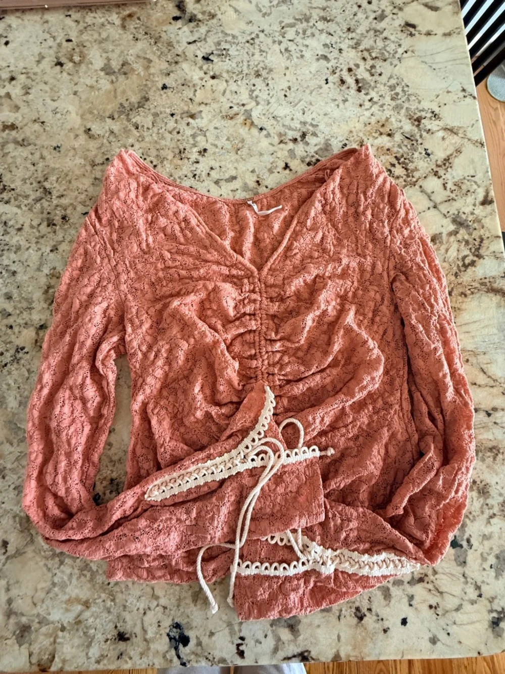 Free People Lilah Lace Crochet Tie Scrunch Long Sleeve Top - Pink Size Large
